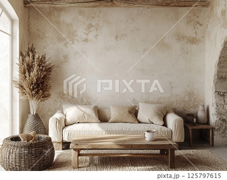 Rustic boho living room with beige sofa and wooden furniture 125797615