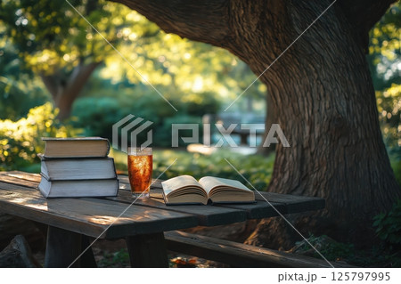 Shaded Reading Nook Beneath Tree With Books, Iced Tea, And Gentle Breeze 125797995