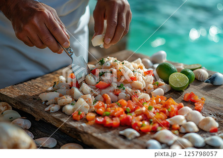 Local chef dices fresh conch near turquoise sea under gentle island breeze 125798057