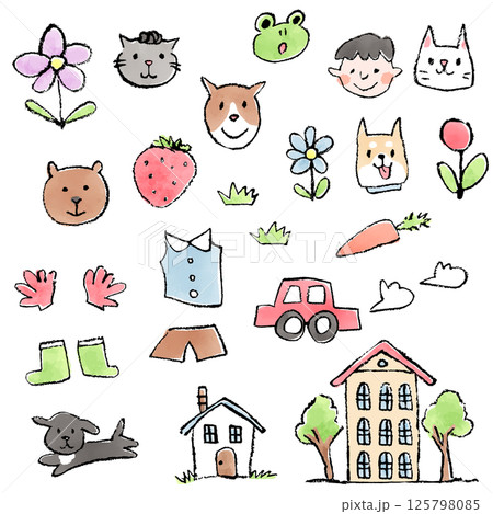 動物や乗り物や花などが描かれた子供向けの手描きのイラストセット 動物や乗り物や花などが描かれた子供向けの手描きのイラストセット 125798085