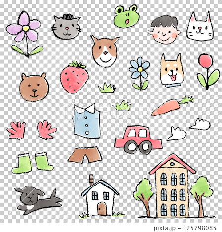 A set of hand-drawn illustrations for children featuring animals, vehicles, flowers, etc. 125798085