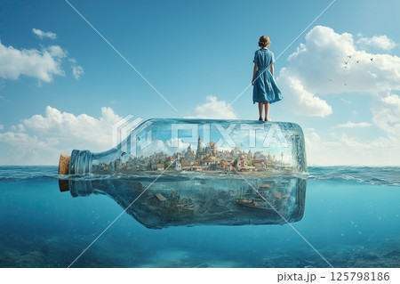 girl in a blue dress stands on the edge of an oversized glass bottle floating above water, with a small town and houses inside the bottom half of the bottle 125798186