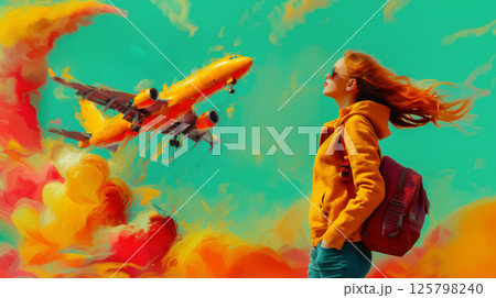 Young woman looking at airplane taking off in bright sky, travel theme through abstract energy and emotion poster, concept about fantasy travel and adventure travel agency advertisement 125798240