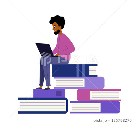 african american student is learning. large pile of books on them sits young man with laptop. 125798270