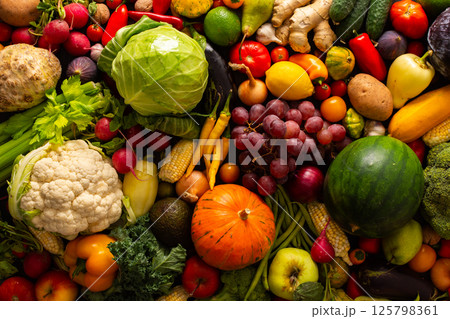 Organic seasonal vegetables from an autumn farm harvest, including fresh, ripe veggies grown naturally and handpicked for quality 125798361