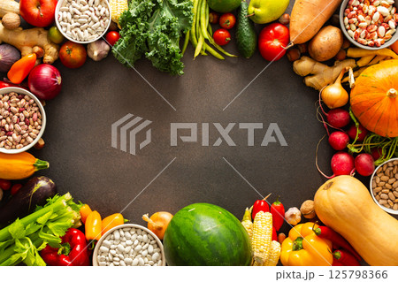 A frame of ripe fresh organic seasonal vegetables from an autumn farm harvest, organic seasonal vegetables 125798366
