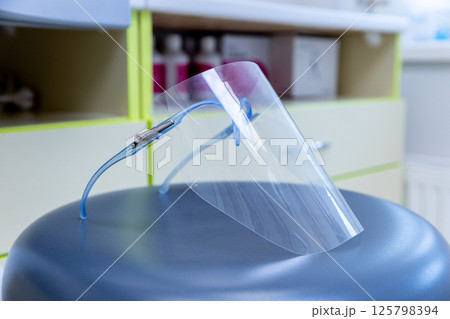 Clear Face Shield Designed for Protection in Medical Environments and Professional Settings, Perfect for Ensuring Safety During Close Contact Procedures and Interactions 125798394