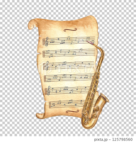 Vintage saxophone and musical notes on aged yellowed paper scroll watercolor illustration isolated background. Ancient paperboard and musical instrument for jazz festival posters, retro album covers. Vintage saxophone and musical notes on aged yellowed paper scroll watercolor illustration isolated background. Ancient paperboard and musical instrument for jazz festival posters, retro album covers. 125798560