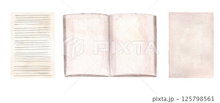 Open blank book with lined pages and loose paper sheets watercolor illustration clip art isolated background. Template for DIY planners, poetry books, mindfulness journals, and vintage themed decor Open blank book with lined pages and loose paper sheets watercolor illustration clip art isolated background. Template for DIY planners, poetry books, mindfulness journals, and vintage themed decor 125798561