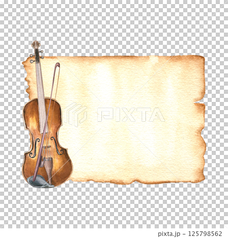 Vintage blank aged yellowed paper manuscript and violin watercolor illustration isolated background. Musical instrument and ancient paperboard with copy space for text. For festival poster, greetings Vintage blank aged yellowed paper manuscript and violin watercolor illustration isolated background. Musical instrument and ancient paperboard with copy space for text. For festival poster, greetings 125798562