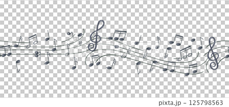 Black musical notes on staff watercolor seamless banner isolated background. Flying sound symbols on waving stave illustration for music branding, concert poster, album cover, jazz festival branding 125798563