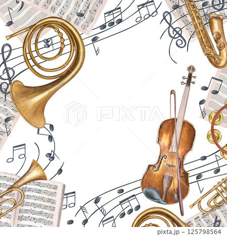 Watercolor music instruments, note sheets, and musical notes on waving staff square frame isolated on white background. French horn, violin, trumpet illustration for music branding, concert poster. 125798564