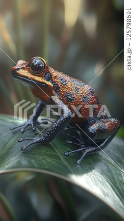 Vibrant orange and black poison dart frog perched on a leaf. Vibrant orange and black poison dart frog perched on a leaf. 125798691