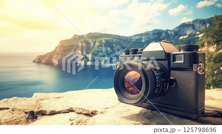 Vintage camera overlooking scenic coastal landscape. Vintage camera overlooking scenic coastal landscape. 125798696