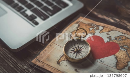 Compass, map, laptop, heart, travel planning. Compass, map, laptop, heart, travel planning. 125798697