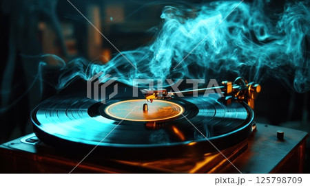 Vinyl record player with blue smoke. 125798709