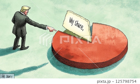 Man taking a small share from a large pie chart. Man taking a small share from a large pie chart. 125798754