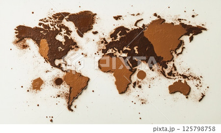 World map crafted from cocoa powder on white background. World map crafted from cocoa powder on white background. 125798758