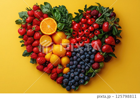 Heart shape by various vegetables and fruits on yellow background. Healthy food concept 125798811
