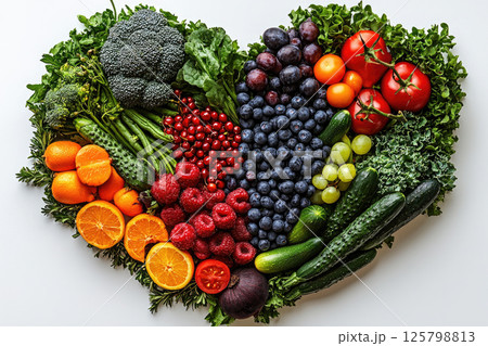 Heart shape by various vegetables and fruits. Healthy food concept 125798813