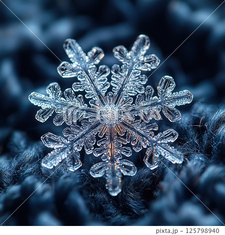 Exquisite macro captures a pristine snowflake's intricate beauty, resting on a soft, textured surface. Exquisite macro captures a pristine snowflake's intricate beauty, resting on a soft, textured surface. 125798940