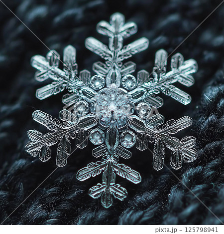 Intricate macro shot of a perfect snowflake on a dark, knitted winter background. Intricate macro shot of a perfect snowflake on a dark, knitted winter background. 125798941