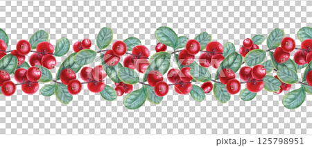 Watercolor cowberries with leaves and berry seamless banner isolated background. Forest Nordic red berries on branches for recipe books, health blogs, holiday gifts, Christmas, Thanksgiving textile 125798951