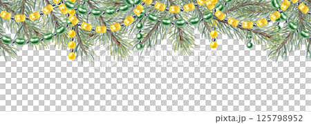 Watercolor fir branches with garlands of green and yellow beads seamless border isolated background. Winter Xmas horizontal pattern for Christmas decorations, festive gift wrap, textile designs 125798952