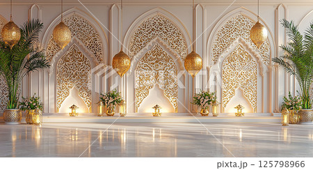 Stunning Islamic interior showcases golden details, lights, and floral decorations, ideal for events. 125798966