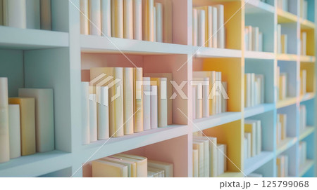 Elegant wooden bookshelf with books, library furniture for home interior, warm and stylish. 125799068