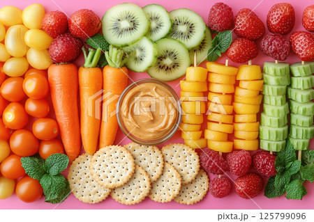 nutritious snack options for children, including fruit skewers, vegetable sticks with dip, whole grain crackers, and nut butter. Top view 125799096