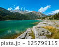 Lake of Ceresole Reale and mountains under blue sky in Italy. 125799115