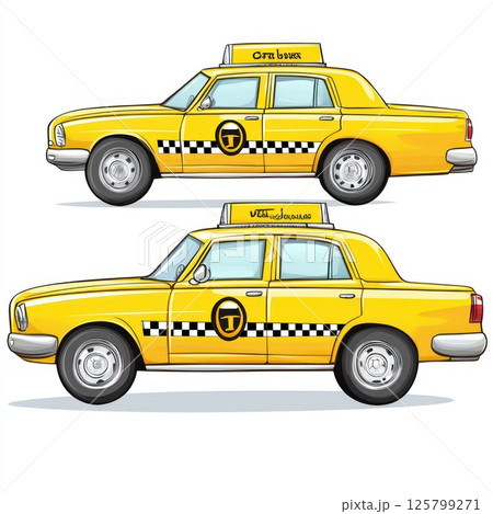 Two yellow vintage taxis, side view illustration. 125799271