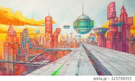 Futuristic city skyline with flying vehicles and elevated roads at sunset. 125799353