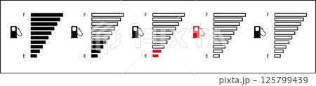 Vehicle fuel. Simple digital indicator of vehicle fuel. Full and empty icons of gas and fuel meters, fuel pump. Vector 125799439