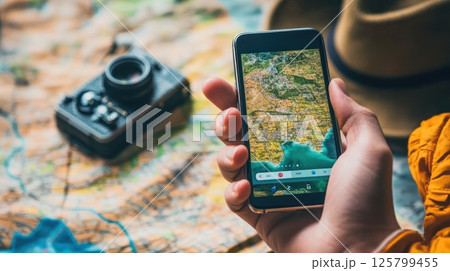 Person using phone GPS app for navigation while traveling. 125799455