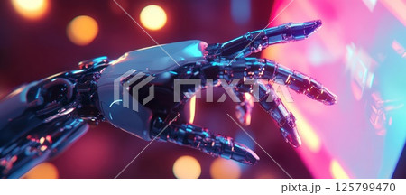 Robotic hand reaching for futuristic screen. 125799470