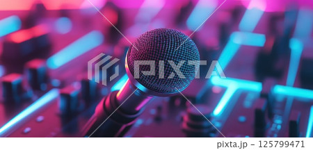 Close-up of microphone on vibrant neon mixer. Close-up of microphone on vibrant neon mixer. 125799471