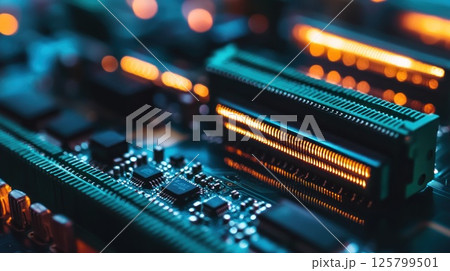 Close-up of illuminated computer motherboard components. (1) 125799501