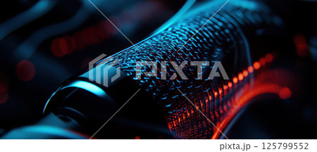 Close-up of a textured, dark object illuminated with blue and red light. Close-up of a textured, dark object illuminated with blue and red light. 125799552