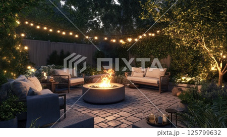 Cozy backyard patio with fire pit at night. 125799632