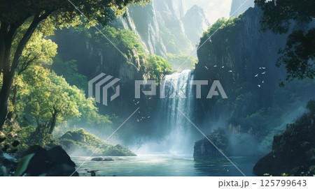 Serene waterfall cascading into a tranquil pool within a lush, misty canyon. Serene waterfall cascading into a tranquil pool within a lush, misty canyon. 125799643