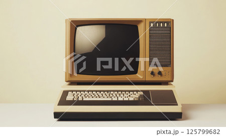 Vintage beige desktop computer with CRT monitor and keyboard on a table. 125799682
