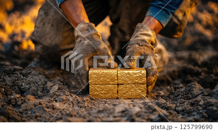 Gloved hands carefully placing gold bars in earth. Gloved hands carefully placing gold bars in earth. 125799690