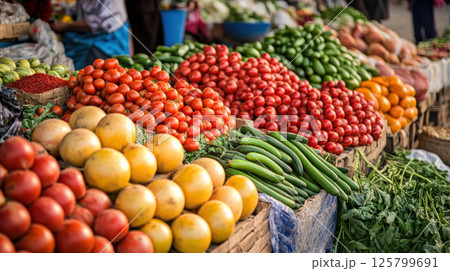 Colorful fresh produce at a vibrant market stall. 125799691