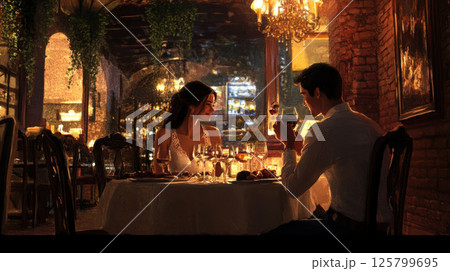 Romantic couple enjoying dinner at a cozy restaurant. Romantic couple enjoying dinner at a cozy restaurant. 125799695
