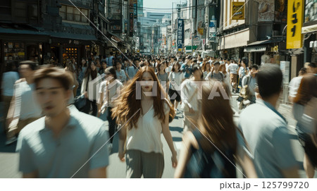 Woman walking through busy city street. 125799720