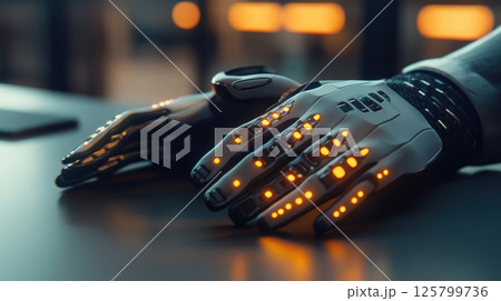 Futuristic robotic hands resting on a table. 125799736