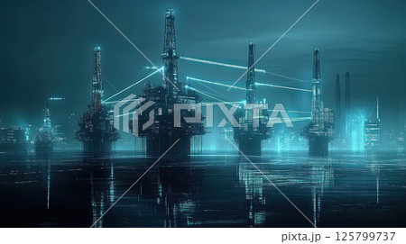Futuristic offshore oil rigs at night, illuminated with blue light, reflecting on calm water. 125799737