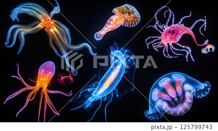 Bioluminescent deep sea creatures. Bioluminescent deep sea creatures. 125799743